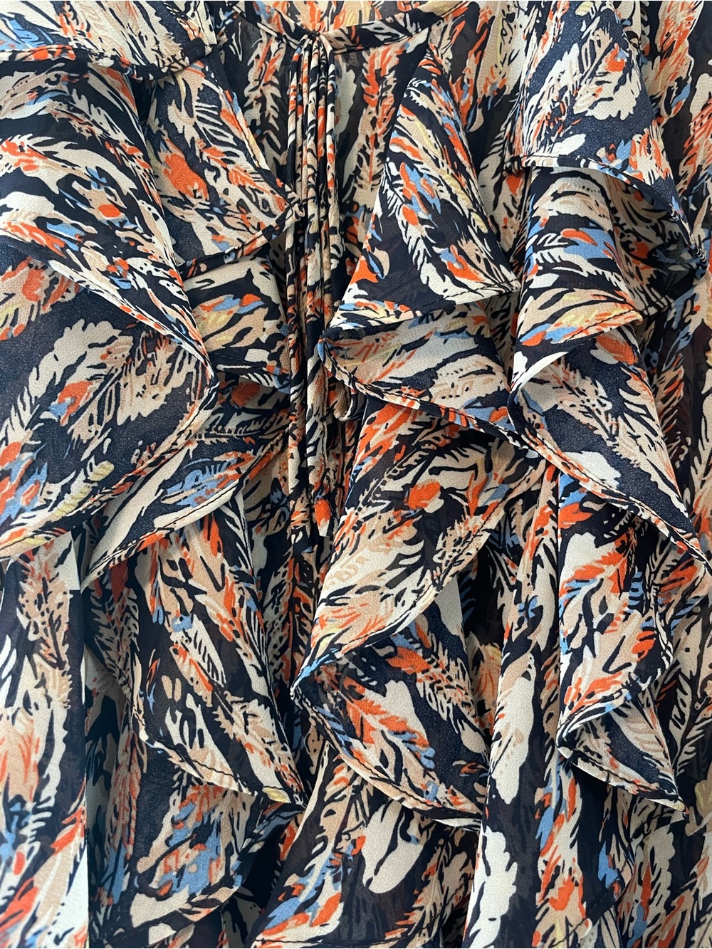 Scully Sleeveless Ruffle Print Blouse - Navy & Peach feathers boho summer M - Picture 2 of 5